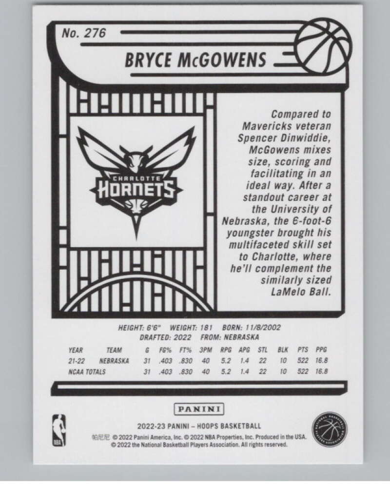 2022-23 Panini NBA Hoops #276 Bryce McGowens RC Rookie Charlotte Hornets  V104232 Image 2