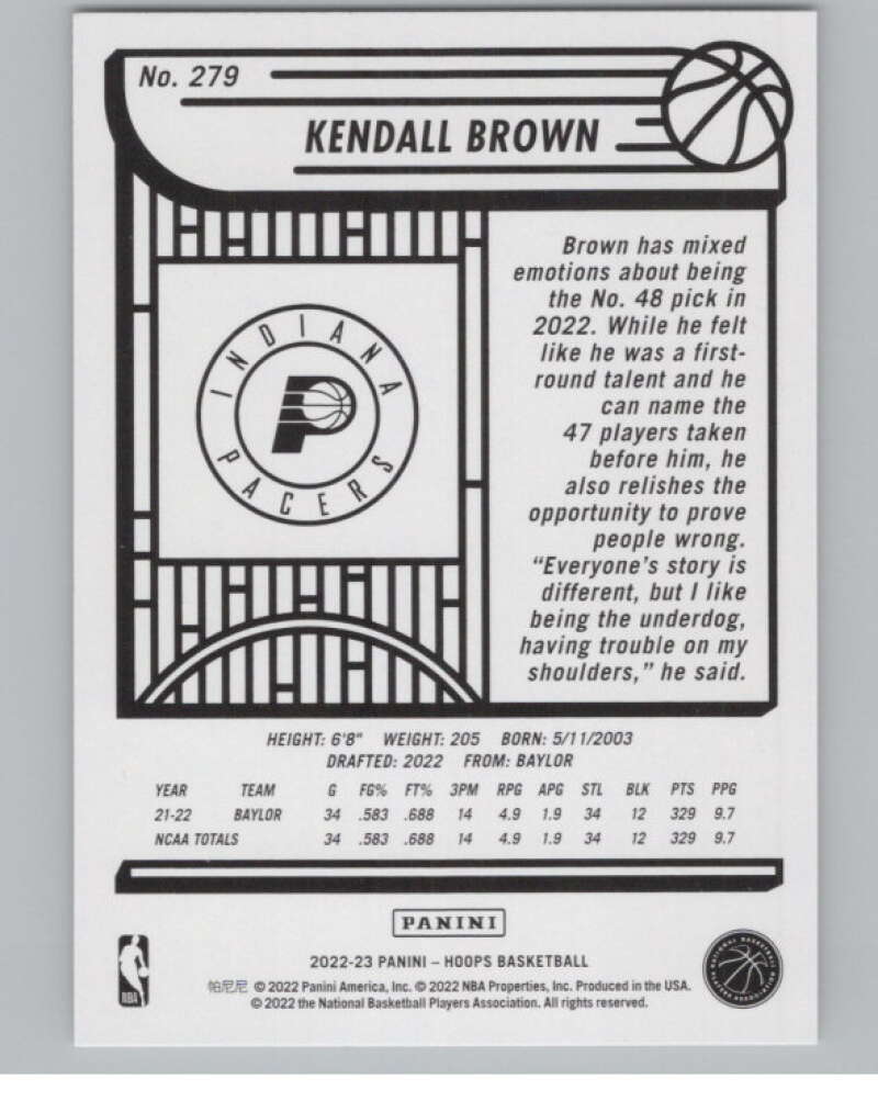 2022-23 Panini NBA Hoops #279 Kendall Brown  RC Rookie Indiana Pacers  V104233 Image 2