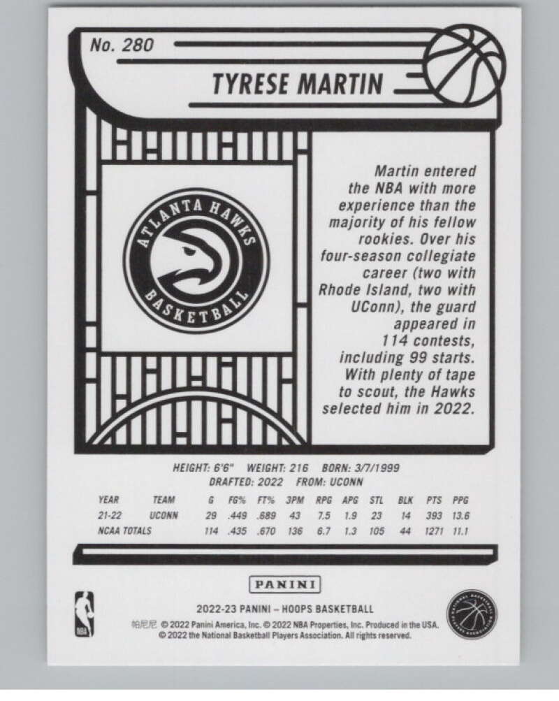2022-23 Panini NBA Hoops #280 Tyrese Martin  RC Rookie Atlanta Hawks  V104235 Image 2