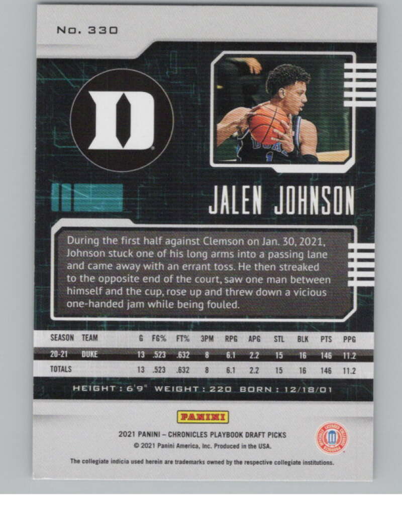 2021-22 Panini Chronicles Draft Picks Playbook #330 Jalen Johnson Duke  V104250 Image 2