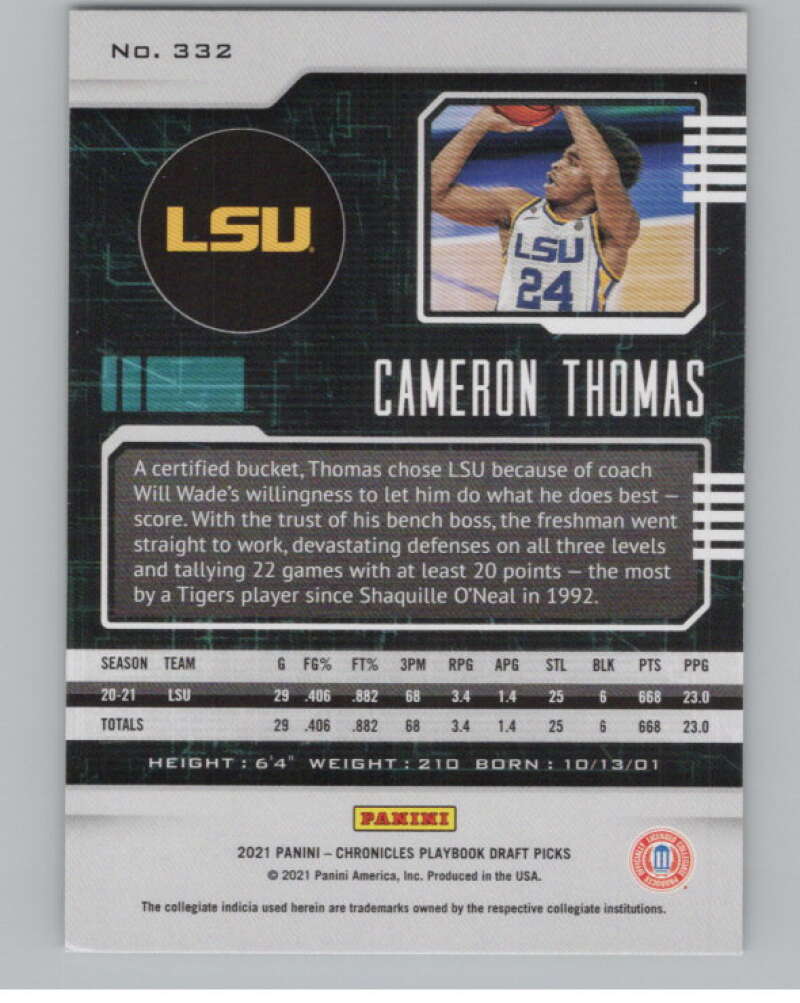 2021-22 Panini Chronicles Draft Picks Playbook #332 Cameron Thomas LSU  V104252 Image 2