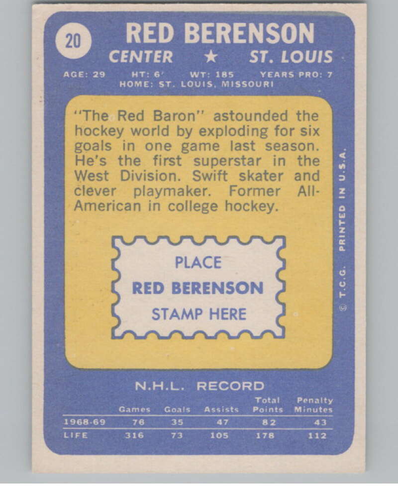 1969-70 Topps #20 Red Berenson Hockey St. Louis Blues  V104339 Image 2