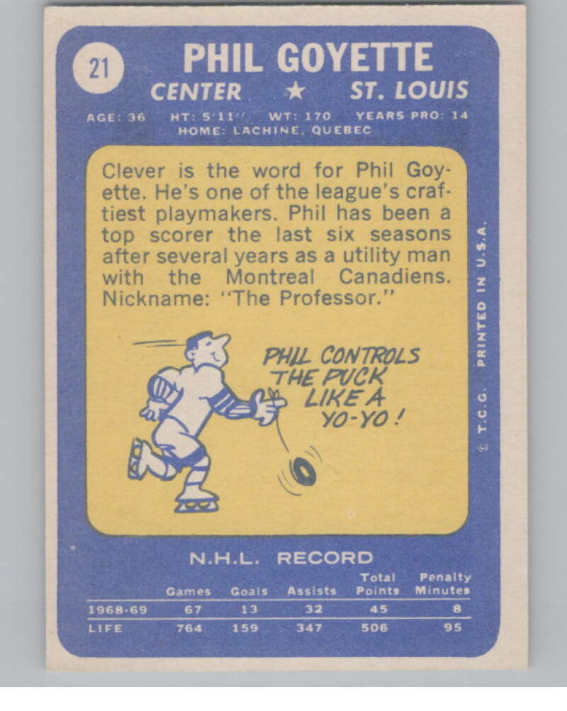 1969-70 Topps #21 Phil Goyette Hockey St. Louis Blues  V104340 Image 2