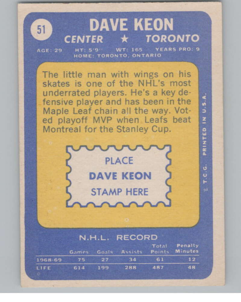 1969-70 Topps #51 Dave Keon Hockey Toronto Maple Leafs  V104348 Image 2