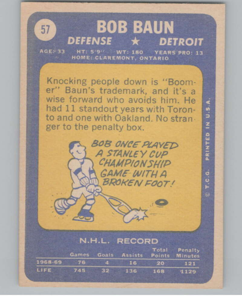 1969-70 Topps #57 Bob Baun Hockey Detroit Red Wings  V104349 Image 2