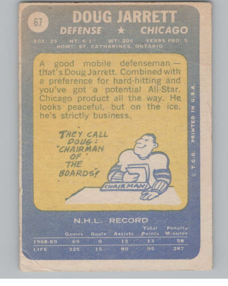 1969-70 Topps #67 Doug Jarrett Hockey Chicago Blackhawks  V104351 Image 2