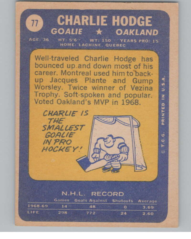 1969-70 Topps #77 Charlie Hodge Hockey Oakland Seals  V104352 Image 2