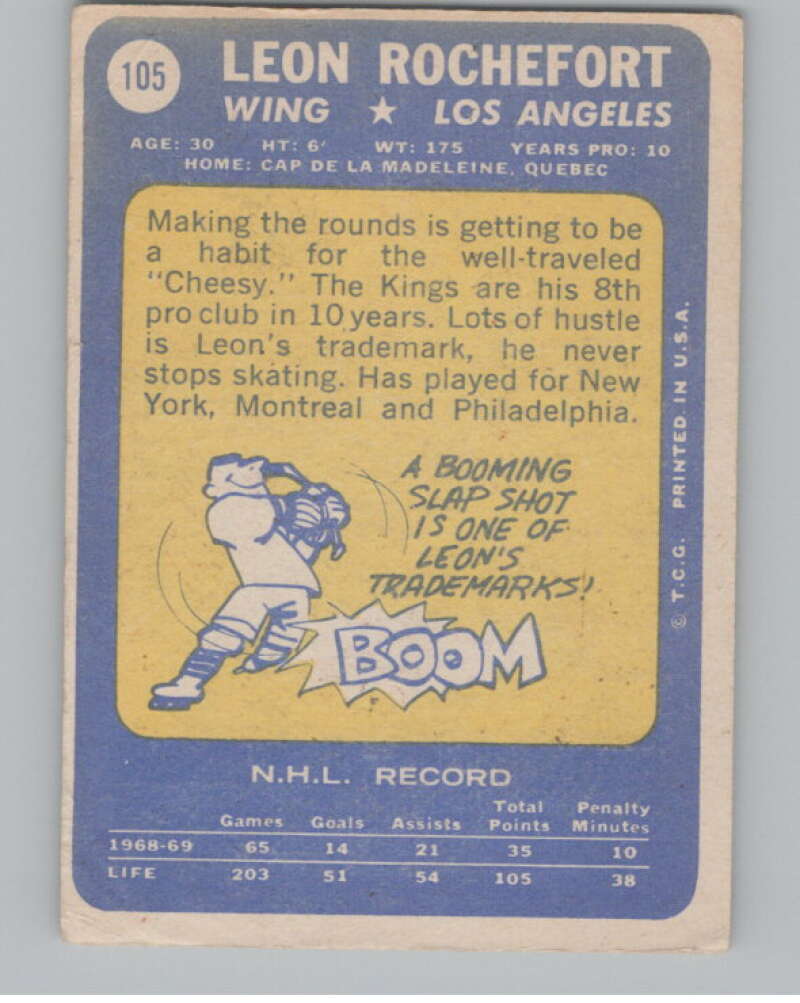 1969-70 Topps #105 Leon Rochefort Hockey Los Angeles Kings  V104357 Image 2