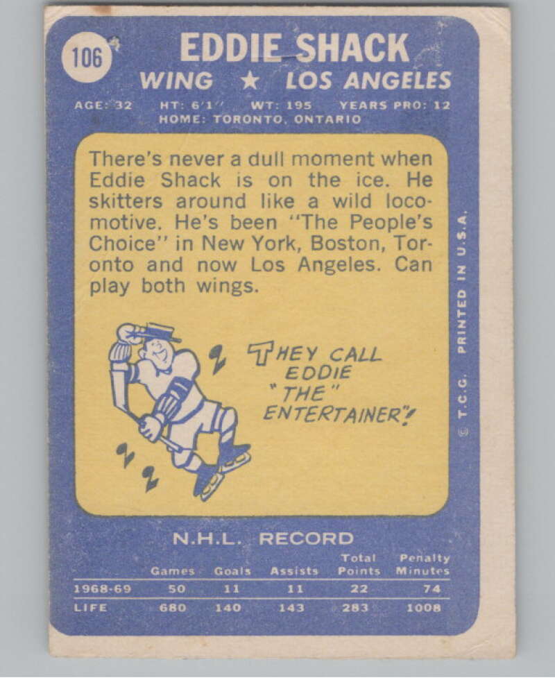 1969-70 Topps #106 Eddie Shack Hockey Los Angeles Kings  V104358 Image 2