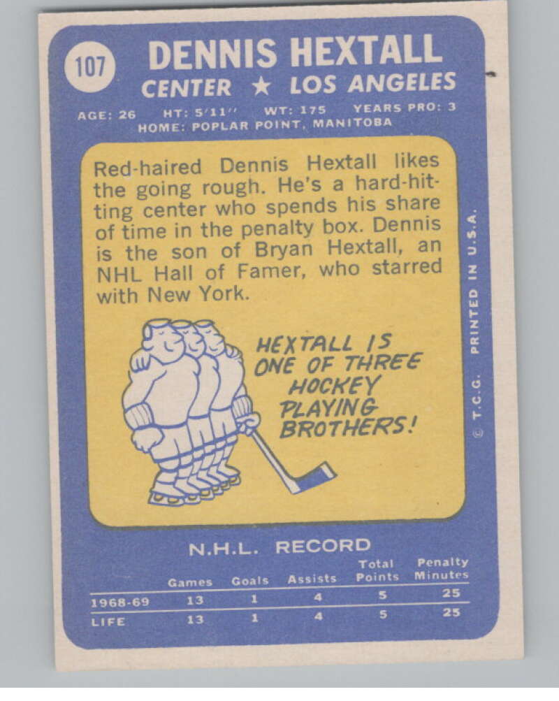 1969-70 Topps #107 Dennis Hextall Hockey RC Rookie Kings  V104359 Image 2