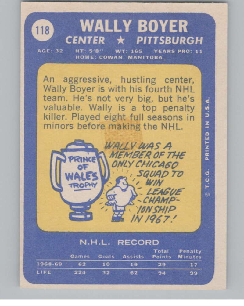1969-70 Topps #118 Wally Boyer Hockey Pittsburgh Penguins  V104361 Image 2