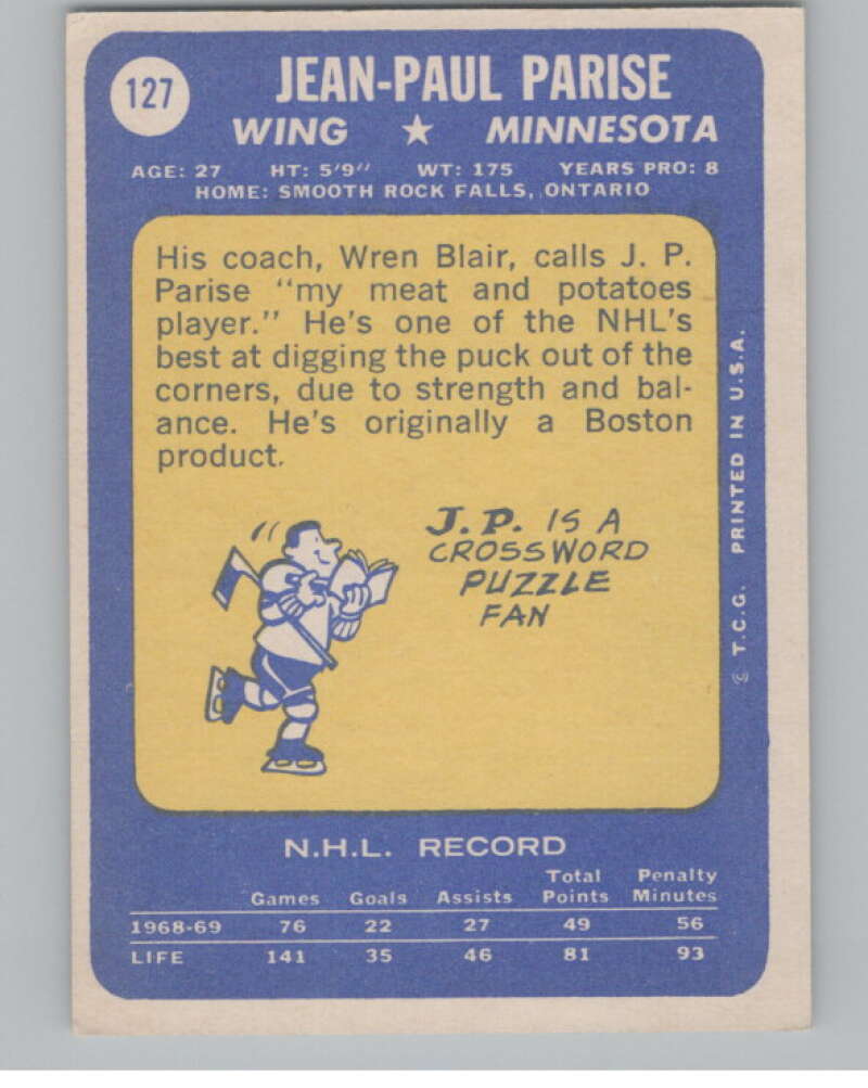 1969-70 Topps #127 J.P. Parise Hockey Minnesota North Stars  V104363 Image 2