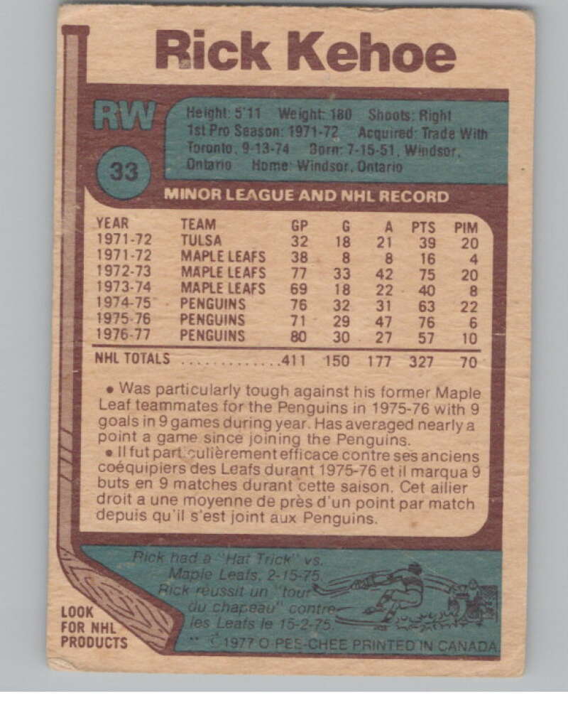 1977-78 O-Pee-Chee #33 Rick Kehoe Hockey Pittsburgh Penguins  V104366 Image 2