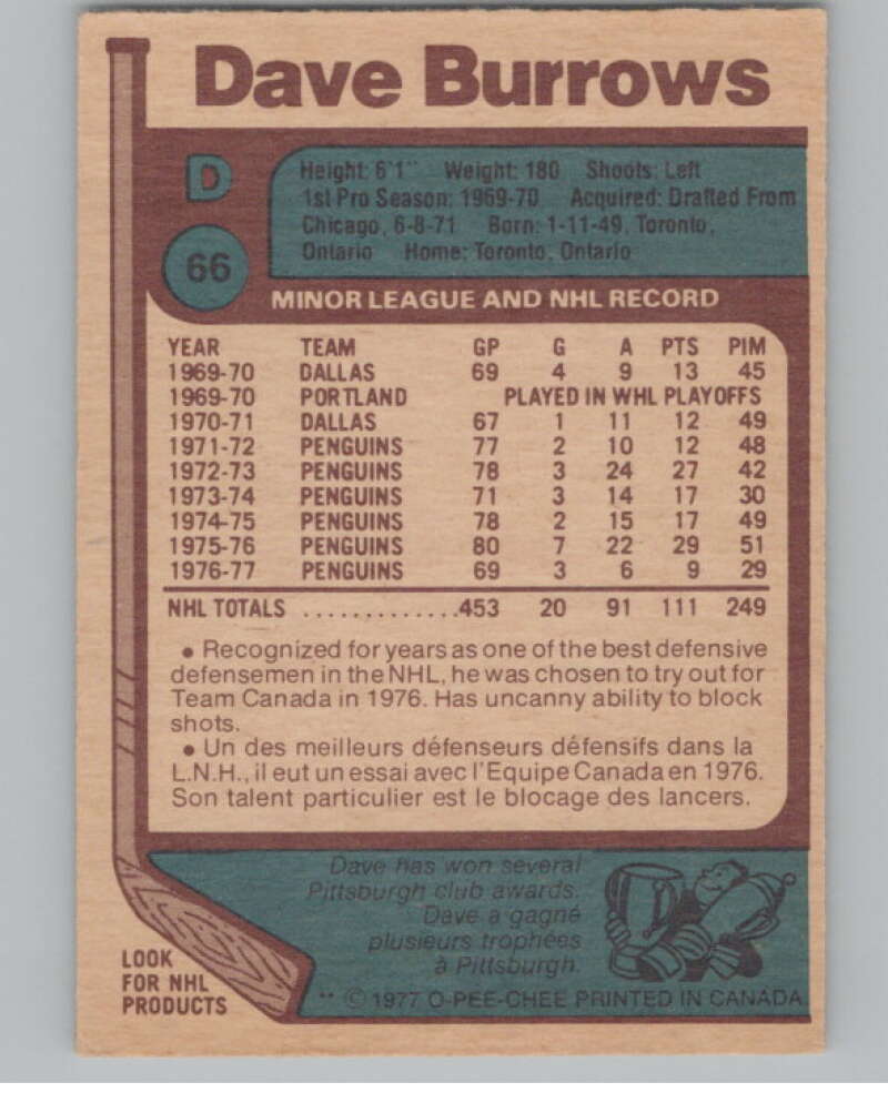 1977-78 O-Pee-Chee #66 Dave Burrows Hockey Pittsburgh Penguins  V104369 Image 2