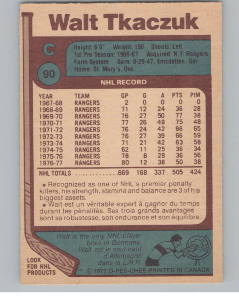 1977-78 O-Pee-Chee #90 Walt Tkaczuk Hockey New York Rangers  V104370 Image 2
