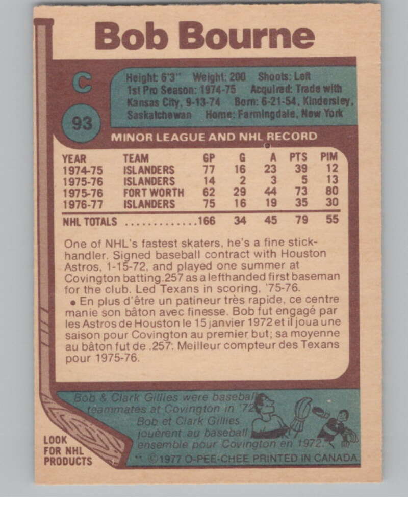 1977-78 O-Pee-Chee #93 Bob Bourne Hockey New York Islanders  V104371 Image 2