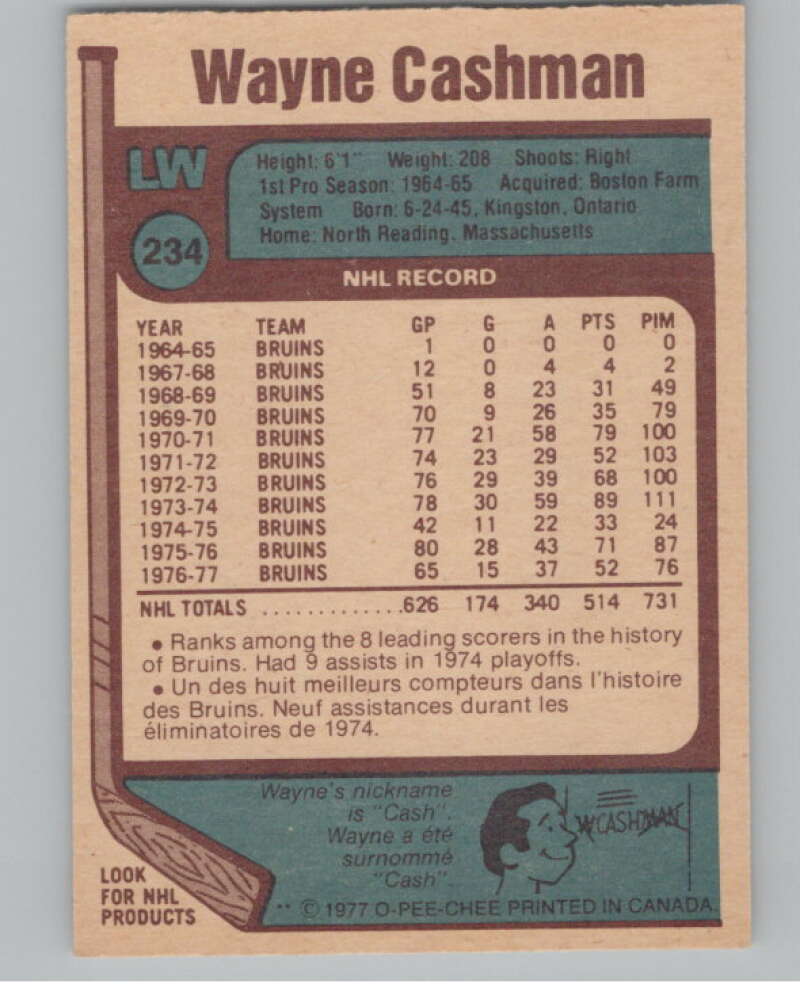 1977-78 O-Pee-Chee #234 Wayne Cashman Hockey Boston Bruins  V104377 Image 2