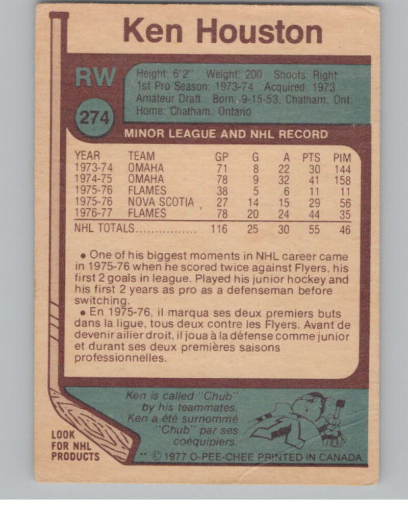 1977-78 O-Pee-Chee #274 Ken Houston Hockey RC Rookie Atlanta Flames  V104380 Image 2