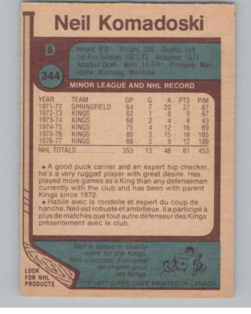 1977-78 O-Pee-Chee #344 Neil Komadoski Hockey Los Angeles Kings  V104385 Image 2