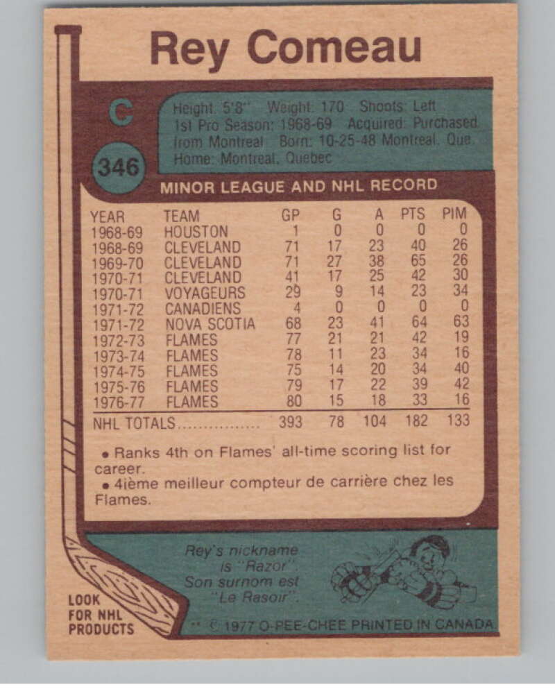 1977-78 O-Pee-Chee #346 Rey Comeau Hockey Atlanta Flames  V104386 Image 2