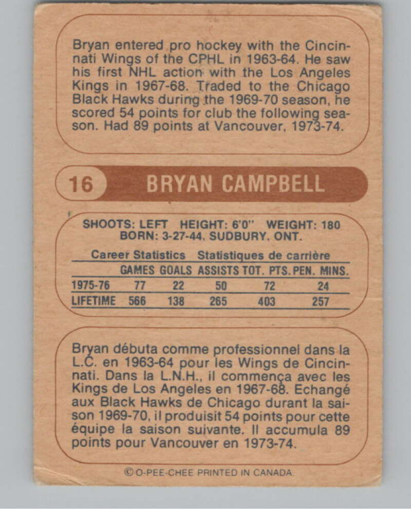 1976-77 O-Pee-Chee WHA #16 Bryan Campbell Hockey Edmonton Oilers  V104391 Image 2