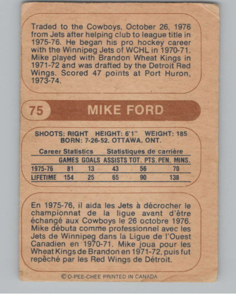 1976-77 O-Pee-Chee WHA #75 Mike Ford Hockey RC Rookie Cowboys  V104396 Image 2
