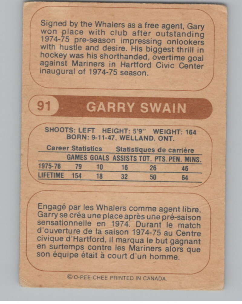 1976-77 O-Pee-Chee WHA #91 Garry Swain Hockey RC Rookie Whalers  V104399 Image 2