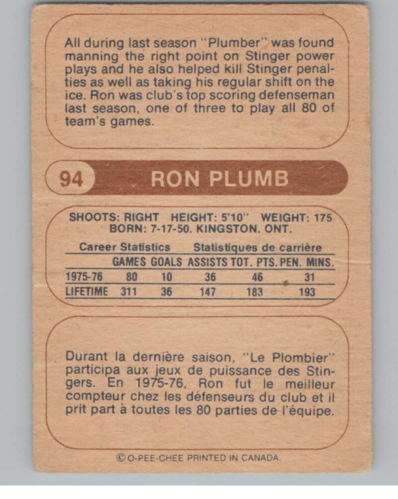 1976-77 O-Pee-Chee WHA #94 Ron Plumb Hockey Cincinnati Stingers  V104400 Image 2