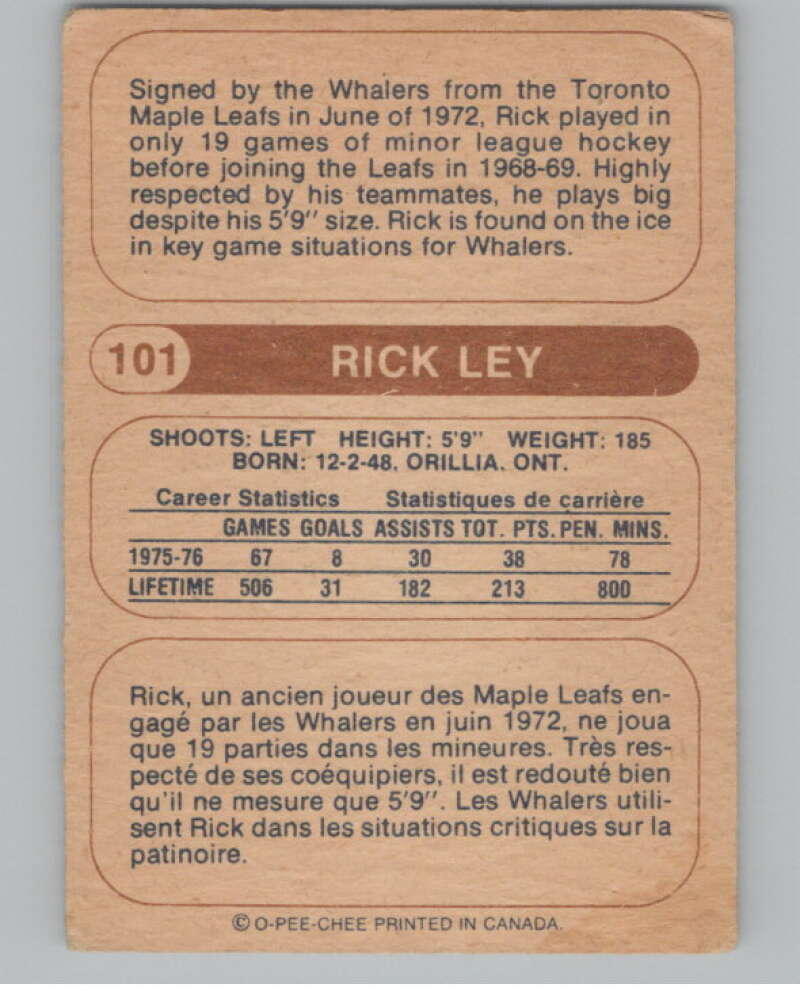 1976-77 O-Pee-Chee WHA #101 Rick Ley Hockey New England Whalers  V104401 Image 2