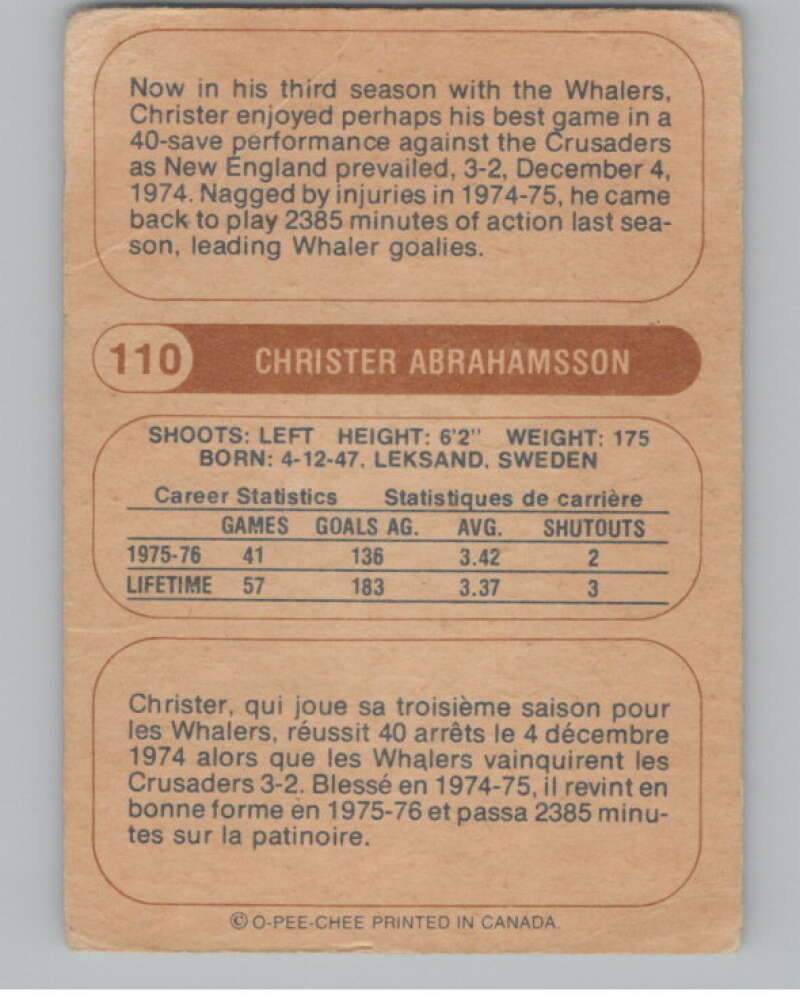 1976-77 O-Pee-Chee WHA #110 Christer Abrahamsson Hockey Whalers  V104405 Image 2