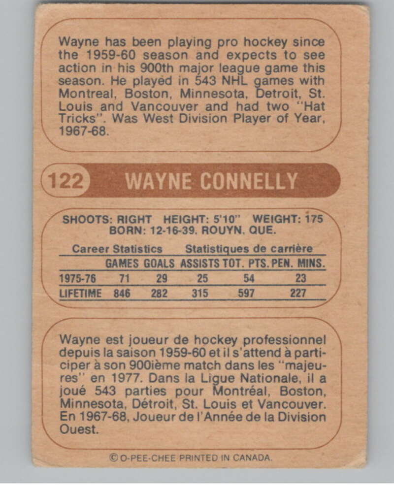 1976-77 O-Pee-Chee WHA #122 Wayne Connelly Hockey Calgary Cowboys  V104407 Image 2