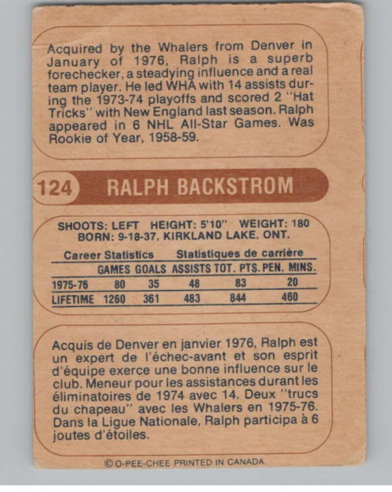 1976-77 O-Pee-Chee WHA #124 Ralph Backstrom Hockey Whalers  V104408 Image 2