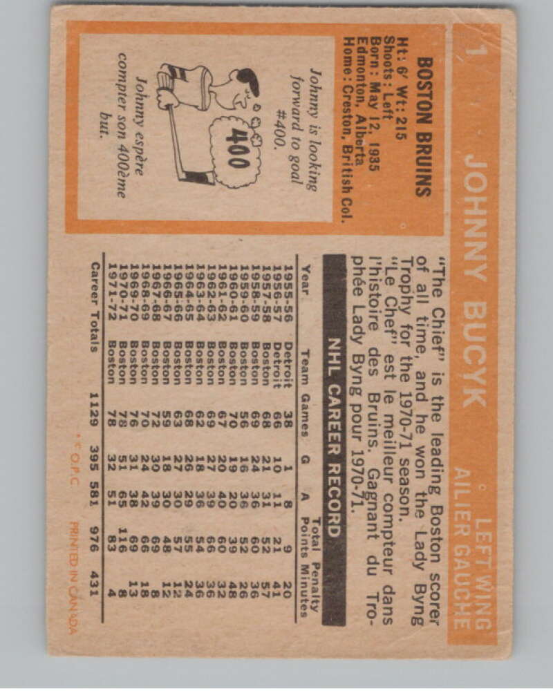1972-73 O-Pee-Chee #1 Johnny Bucyk  Boston Bruins  V104410 Image 2