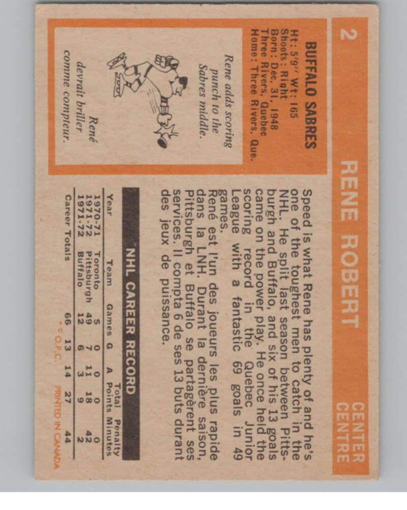 1972-73 O-Pee-Chee #2 Rene Robert  RC Rookie Buffalo Sabres  V104411 Image 2