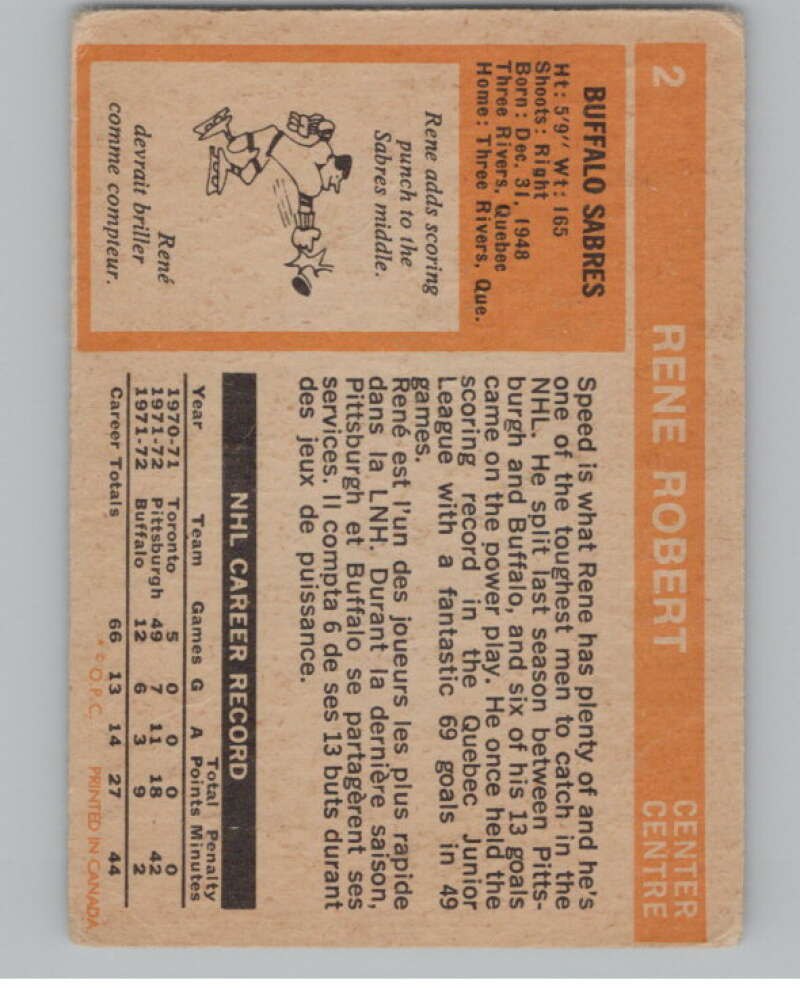 1972-73 O-Pee-Chee #2 Rene Robert  RC Rookie Buffalo Sabres  V104412 Image 2