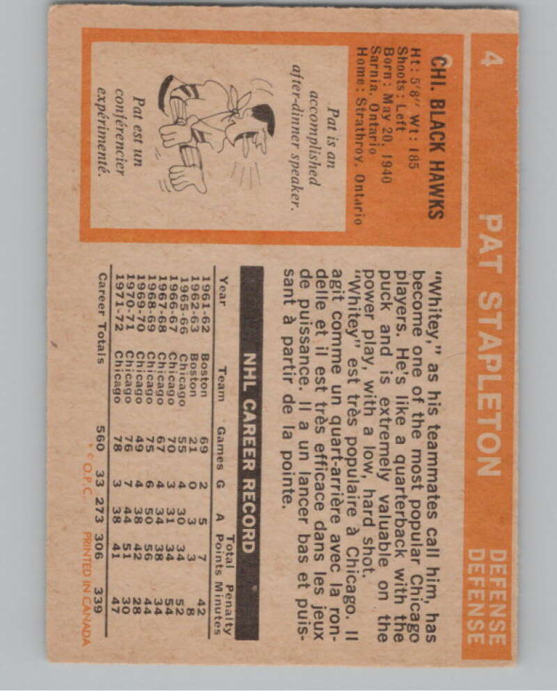 1972-73 O-Pee-Chee #4 Pat Stapleton  Chicago Blackhawks  V104414 Image 2