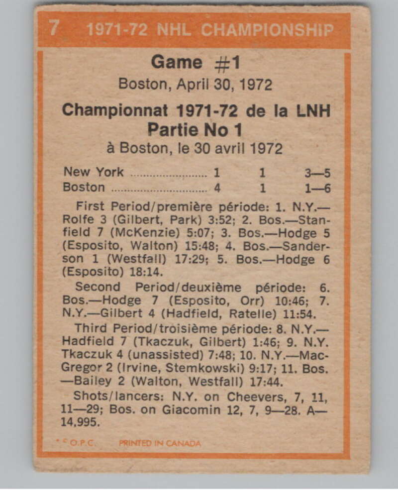 1972-73 O-Pee-Chee #7 Playoff Game 1 Bruins/Rangers  V104416 Image 2