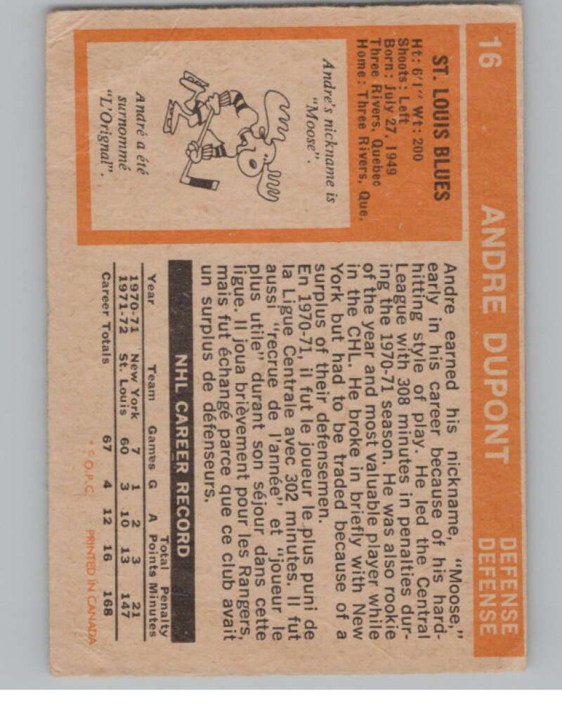 1972-73 O-Pee-Chee #16 Andre Dupont  RC Rookie St. Louis Blues  V104421 Image 2