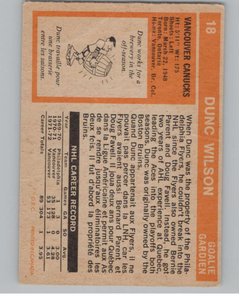 1972-73 O-Pee-Chee #18 Dunc Wilson  Vancouver Canucks  V104422 Image 2