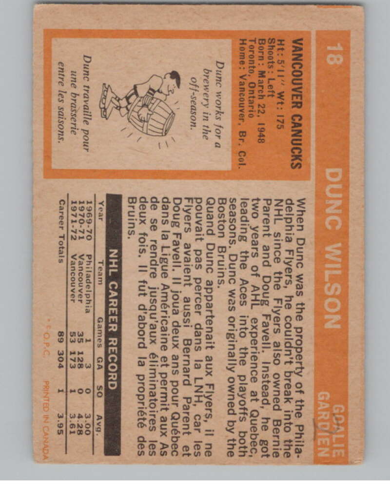 1972-73 O-Pee-Chee #18 Dunc Wilson  Vancouver Canucks  V104423 Image 2