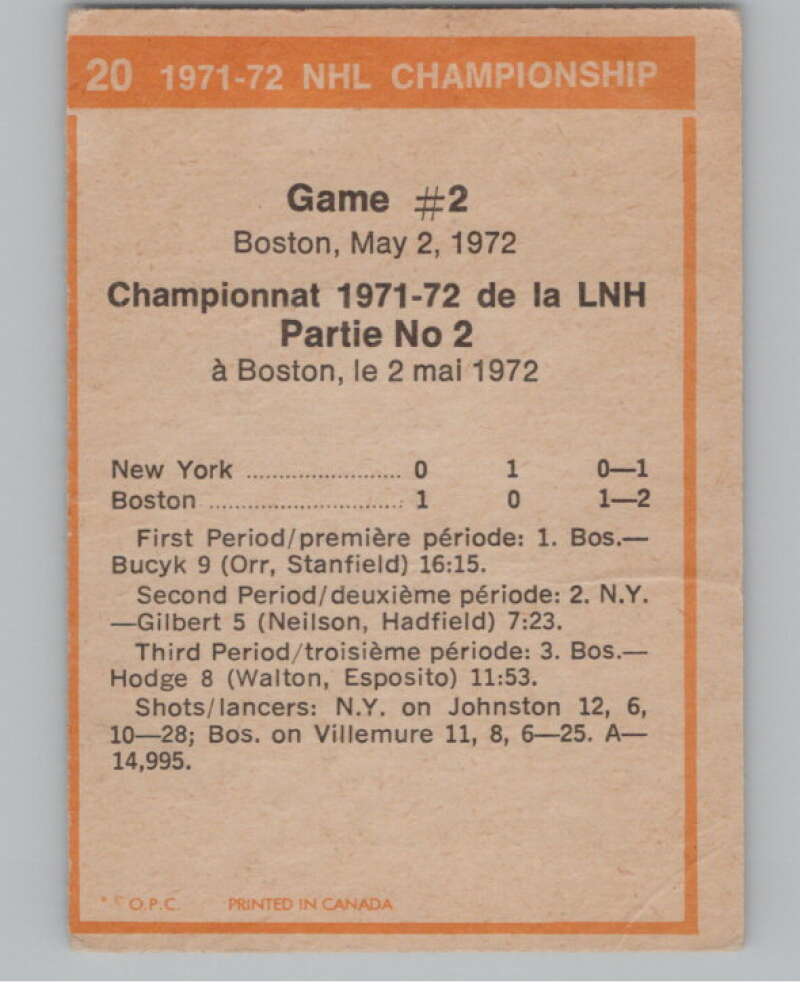 1972-73 O-Pee-Chee #20 Playoff Game 2 Bruins/Rangers  V104424 Image 2
