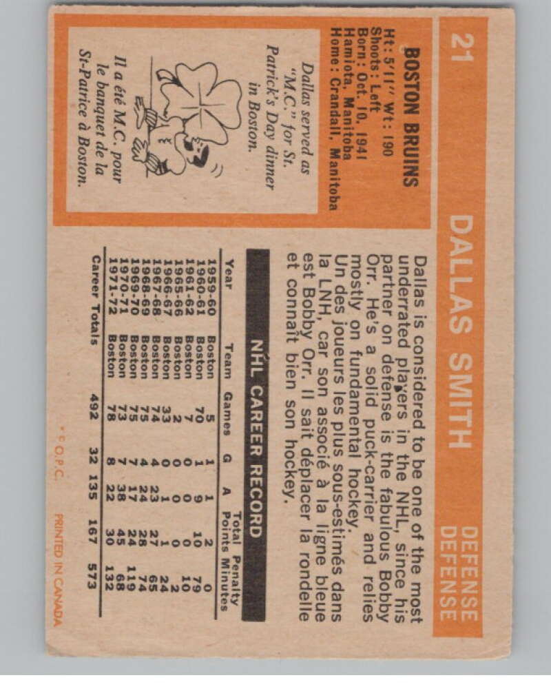 1972-73 O-Pee-Chee #21 Dallas Smith  Boston Bruins  V104425 Image 2