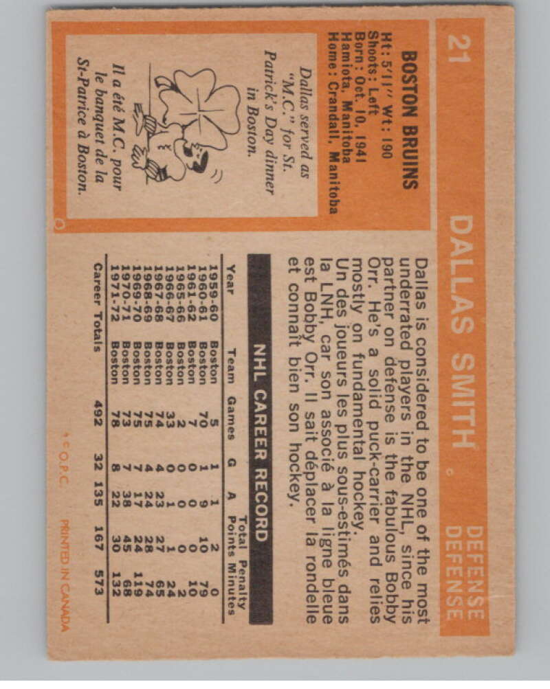 1972-73 O-Pee-Chee #21 Dallas Smith  Boston Bruins  V104426 Image 2