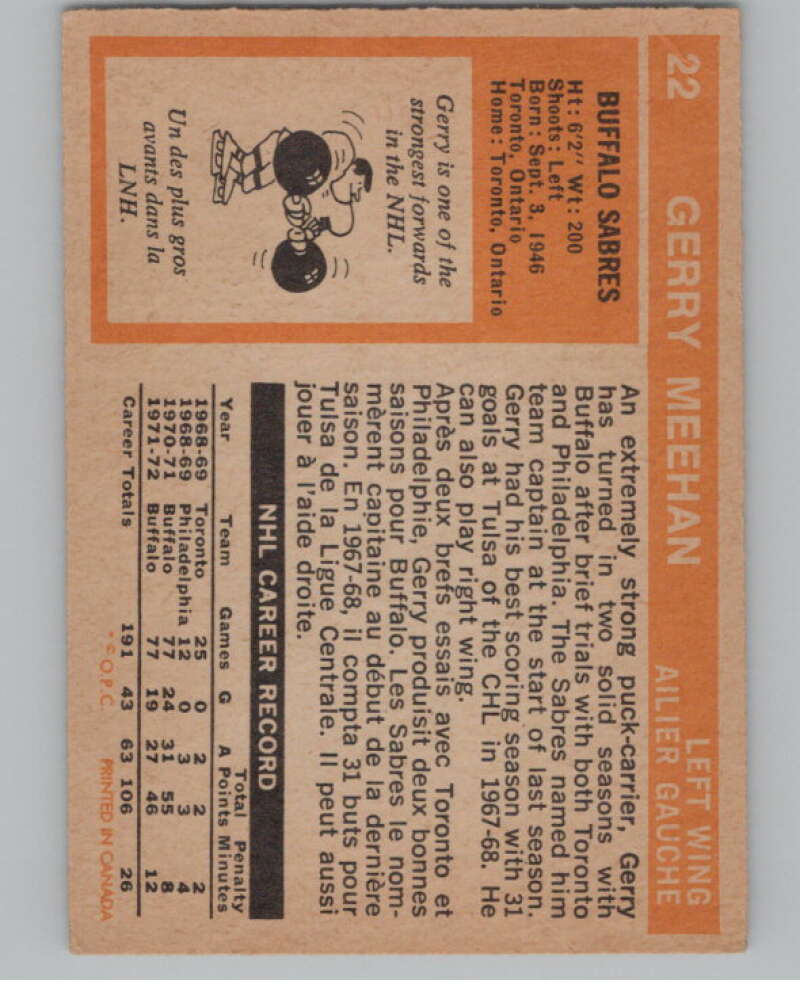 1972-73 O-Pee-Chee #22 Gerry Meehan  Buffalo Sabres  V104427 Image 2