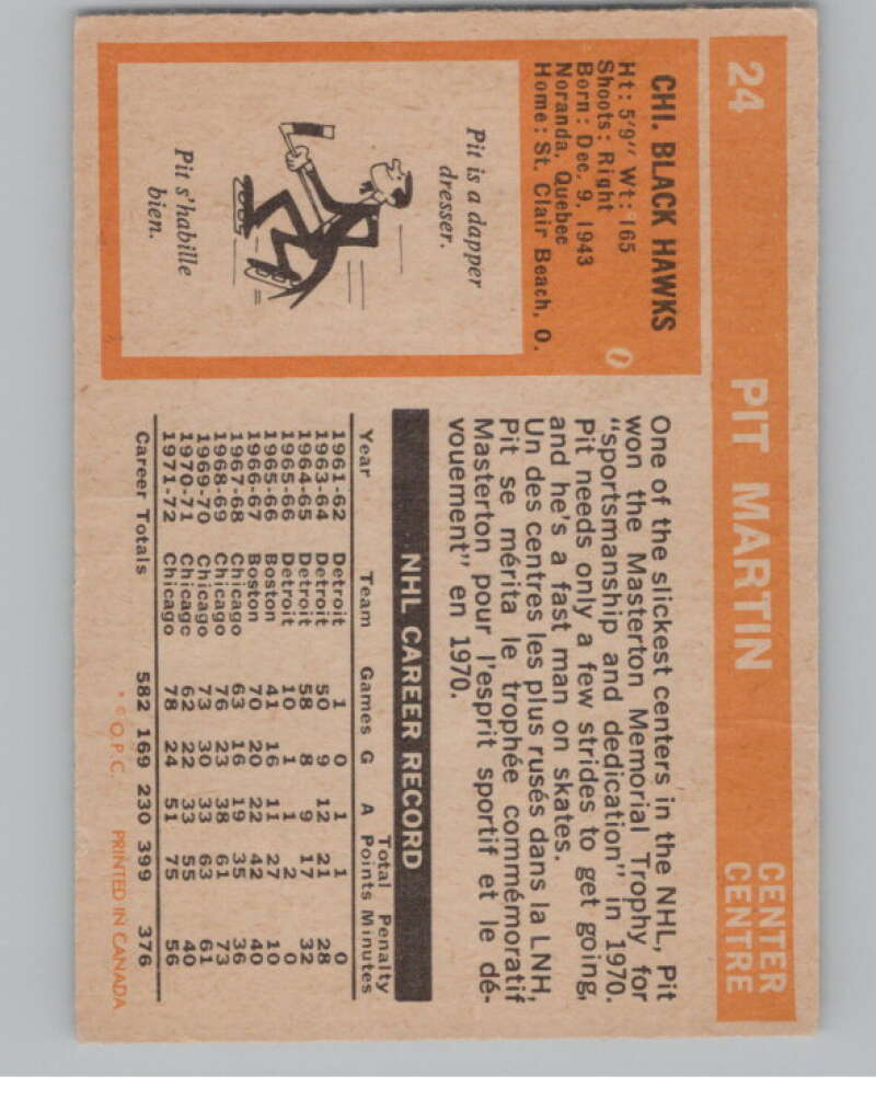1972-73 O-Pee-Chee #24 Pit Martin  Chicago Blackhawks  V104428 Image 2