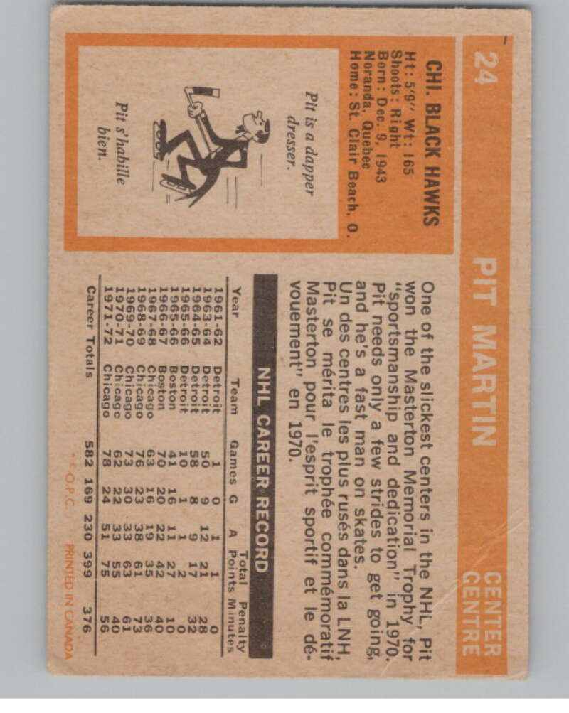 1972-73 O-Pee-Chee #24 Pit Martin  Chicago Blackhawks  V104429 Image 2