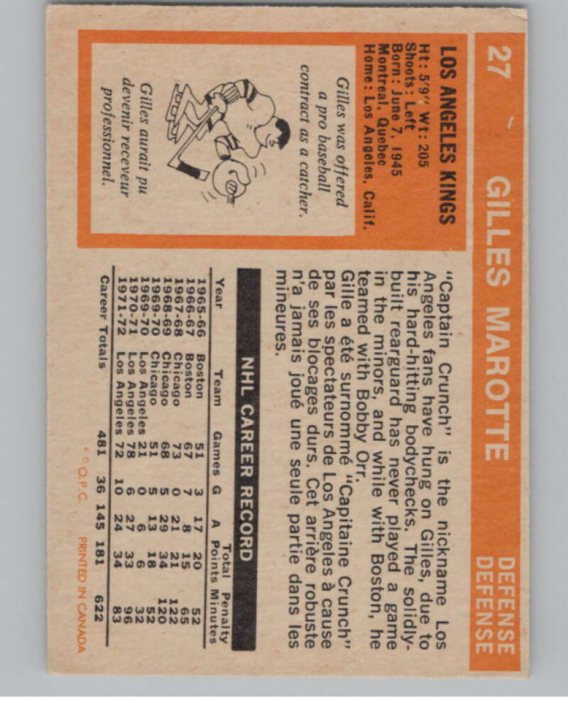 1972-73 O-Pee-Chee #27 Gilles Marotte  Los Angeles Kings  V104430 Image 2