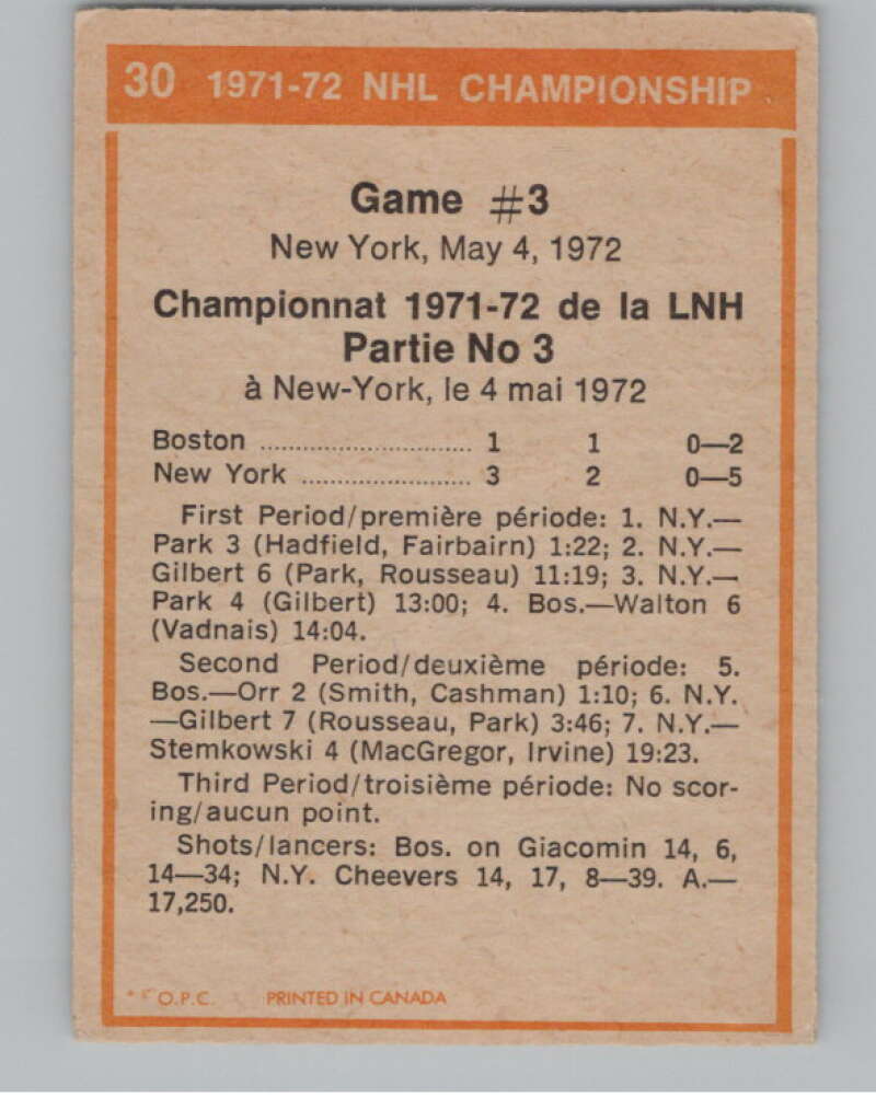 1972-73 O-Pee-Chee #30 Playoff Game 3  New York Rangers/Bruins  V104432 Image 2
