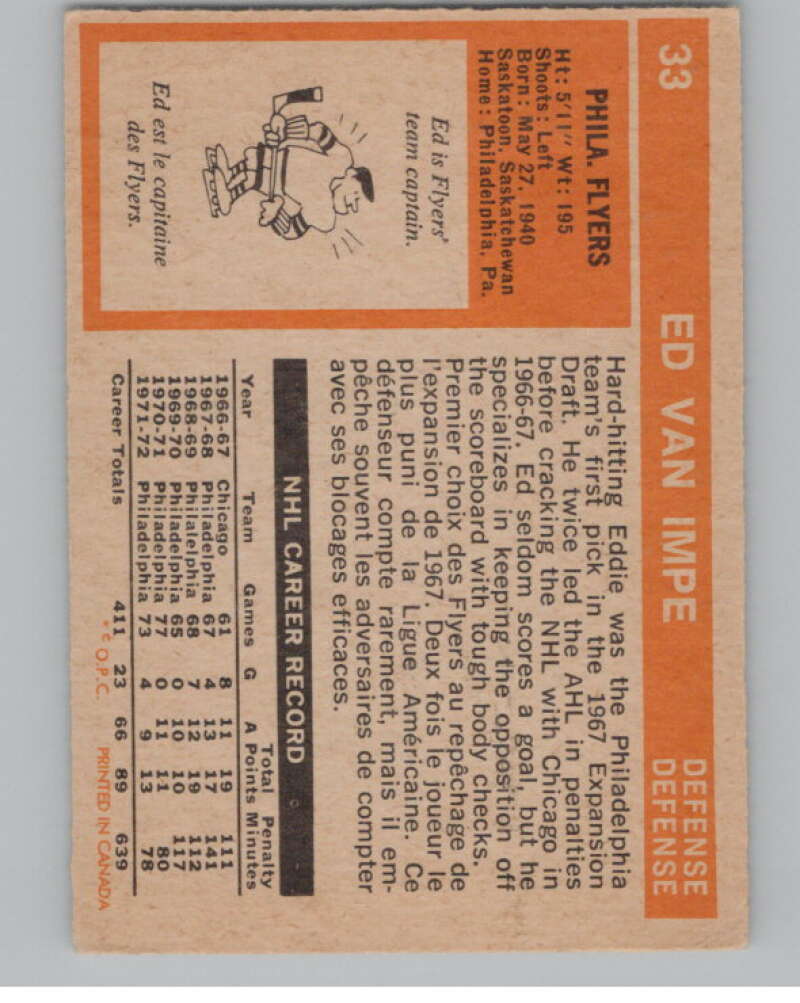 1972-73 O-Pee-Chee #33 Ed Van Impe  Philadelphia Flyers  V104435 Image 2