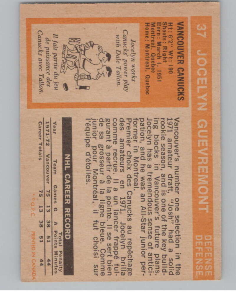 1972-73 O-Pee-Chee #37 Jocelyn Guevremont  Vancouver Canucks  V104439 Image 2